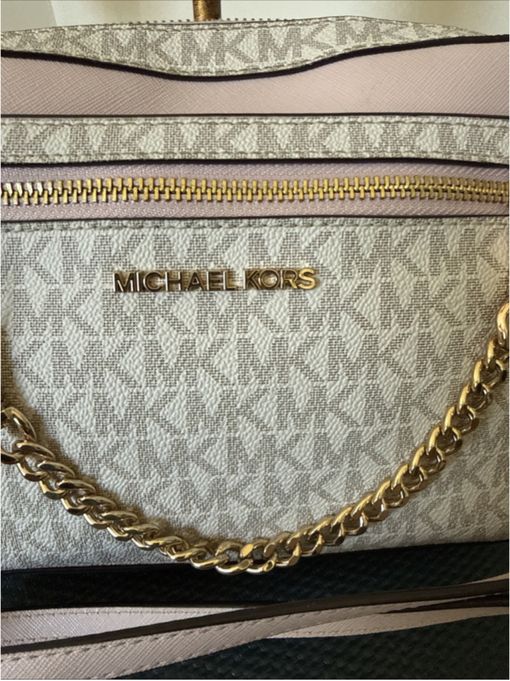 Michael Kors Large Jet Set Logo Chain Crossbody Vanilla Powder Blush - Picture 2 of 3